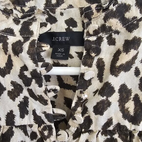 J. Crew Button Front Ruffleneck Popover Shirt XS Leopard Business Mobwife Cotton - Picture 2 of 7